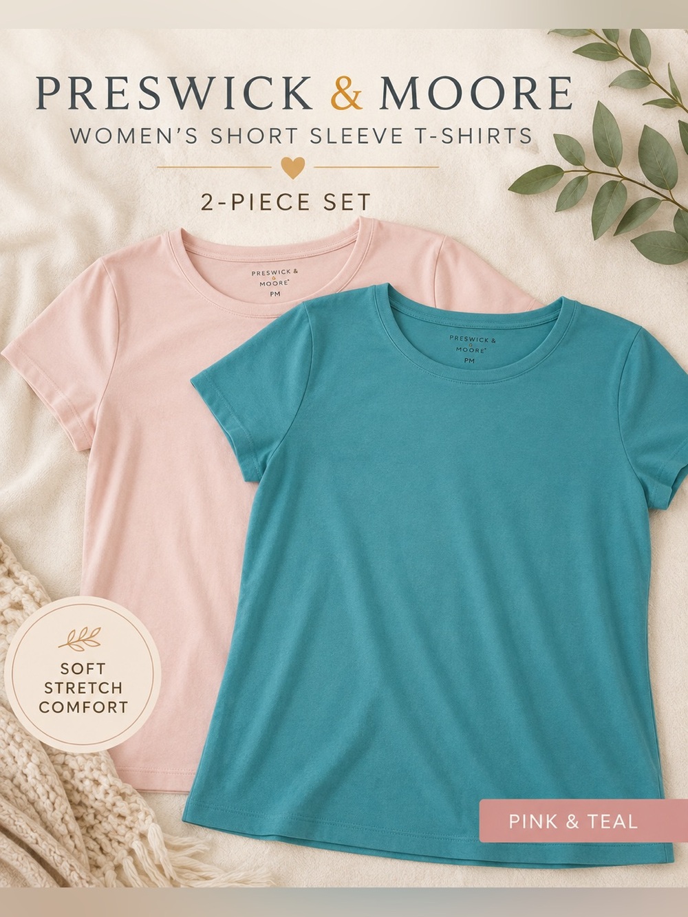 Preswick & Moore Women’s PM Short Sleeve T-Shirts Pink & Teal 2-Piece Lot